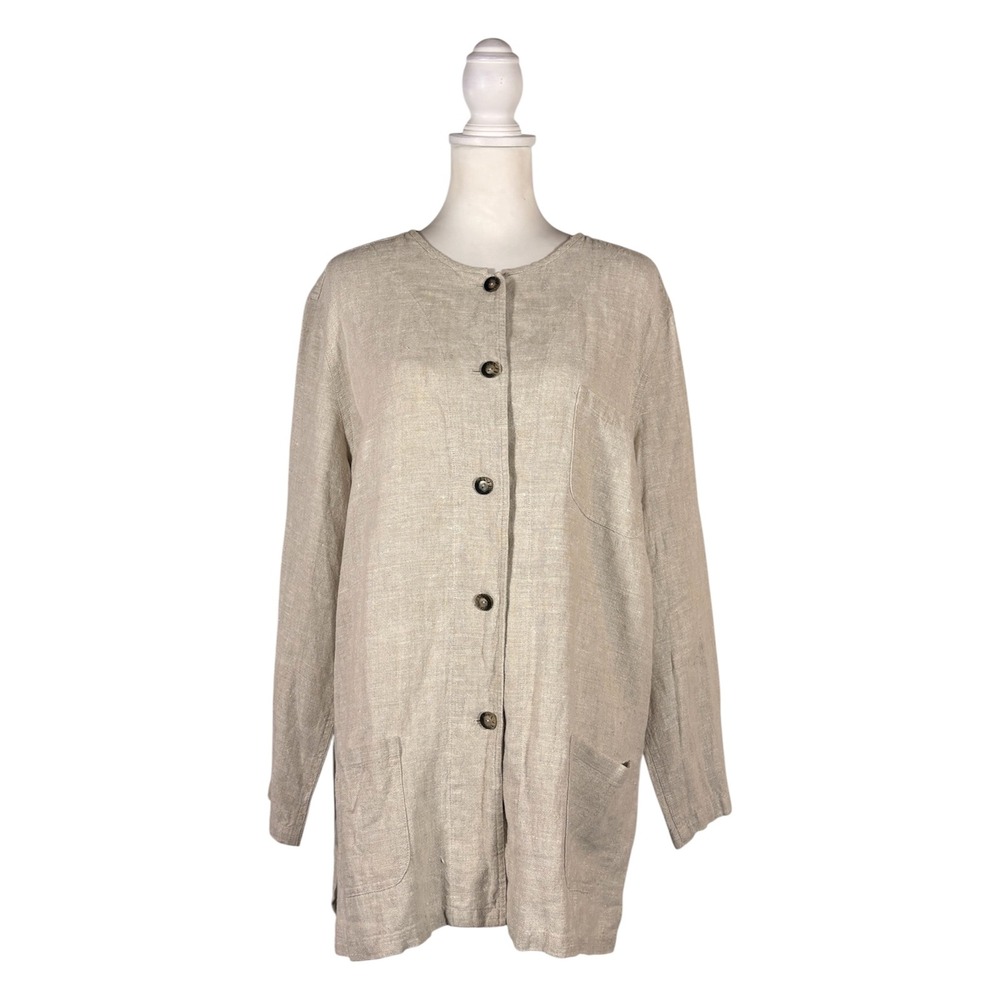 Vintage 90s Y2K 100% Linen Chore Coat L Lagenlook Coastal Chic Granola Girl